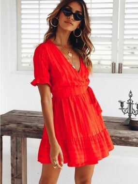 Hello Molly Red Wrap Mini Dress V Neck Flowy Frill Hem Tie Waist Size 4